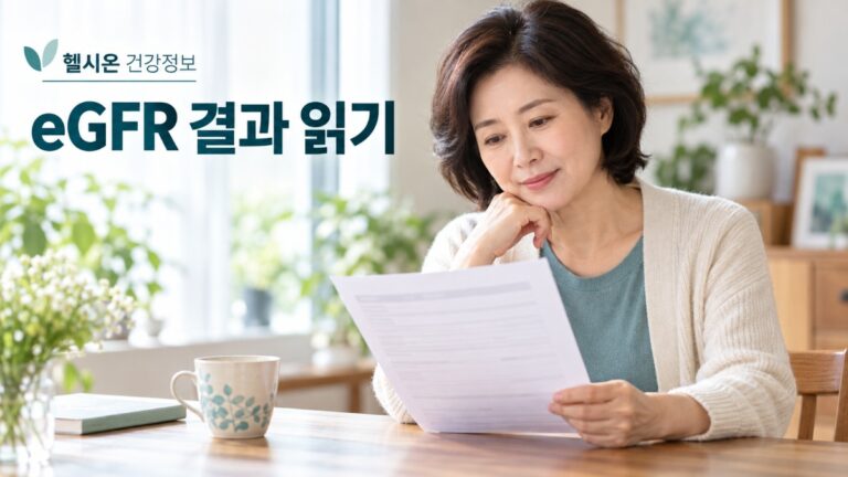 eGFR 검사 결과를 살펴보는 중년 여성의 설명용 AI 생성 이미지